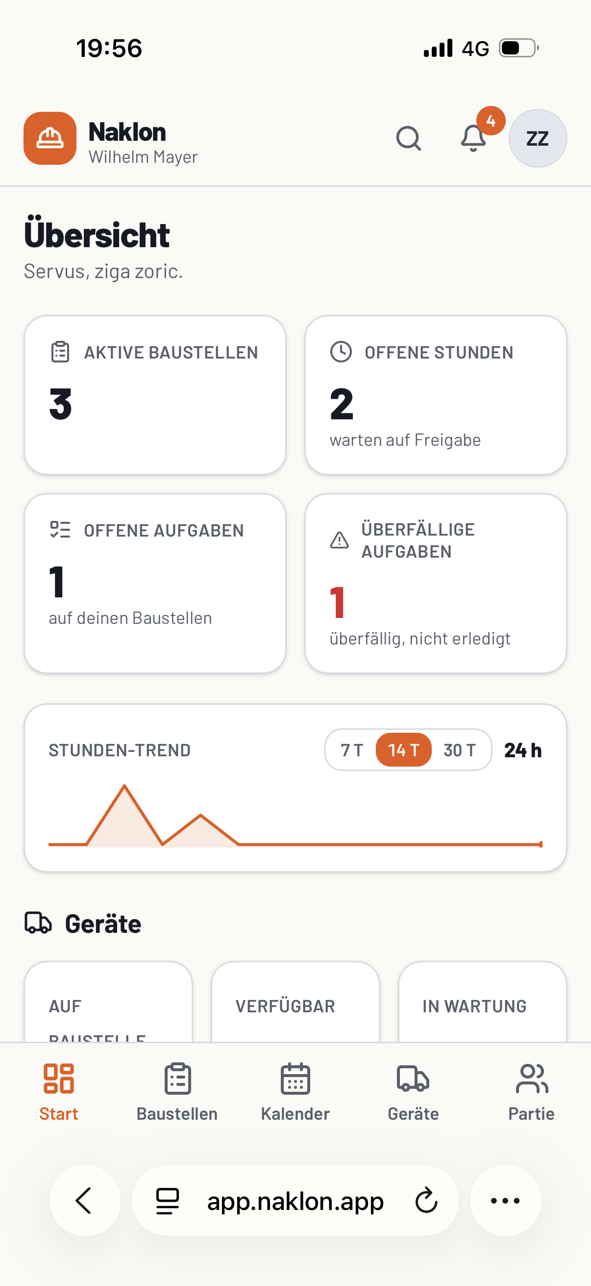 Naklon Startbildschirm mit Übersicht der aktiven Baustellen, offenen Stunden und Aufgaben